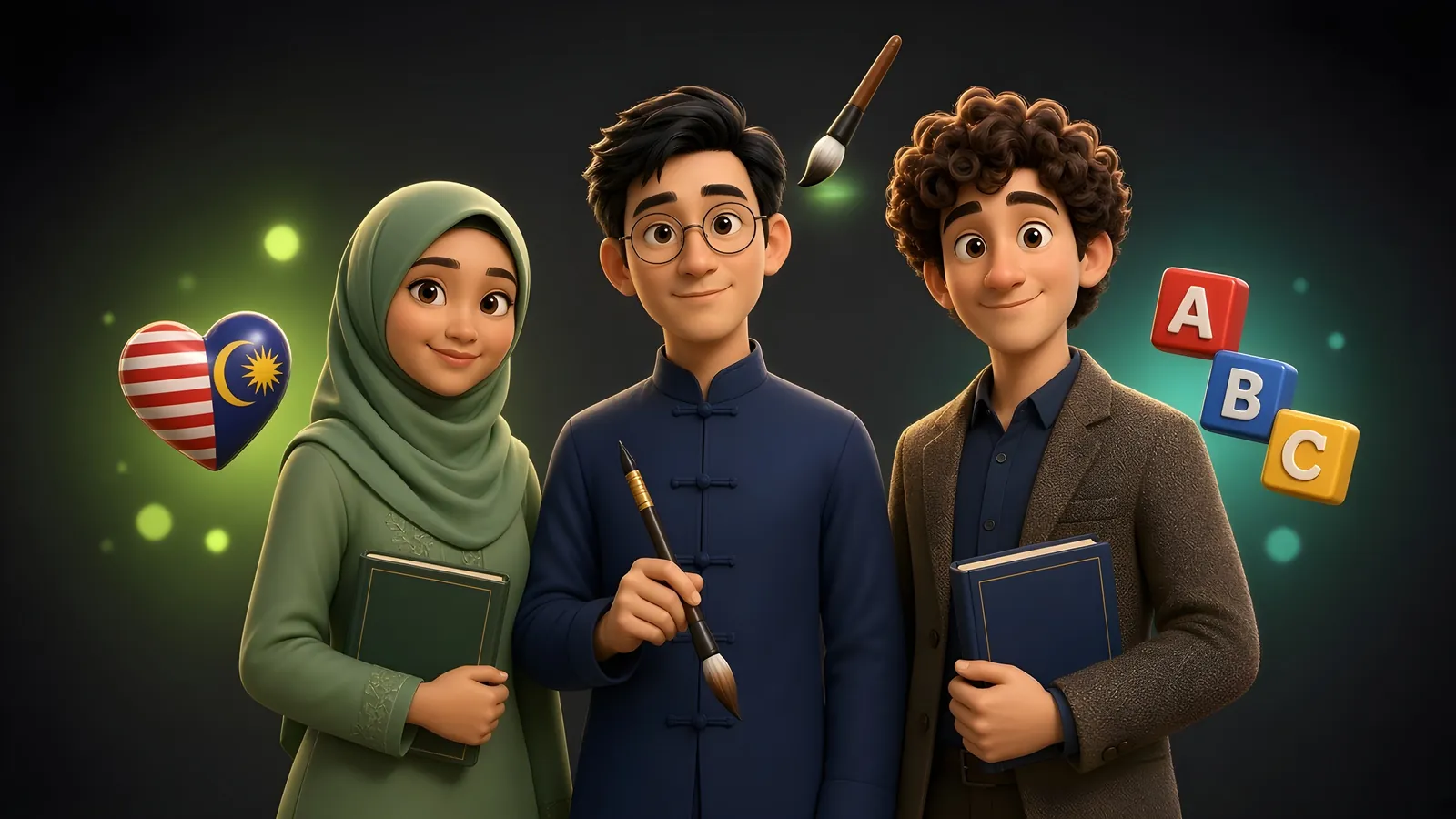 Cartoon illustration of three EasyFormHub tutors who teach in Bahasa Melayu, Mandarin and English